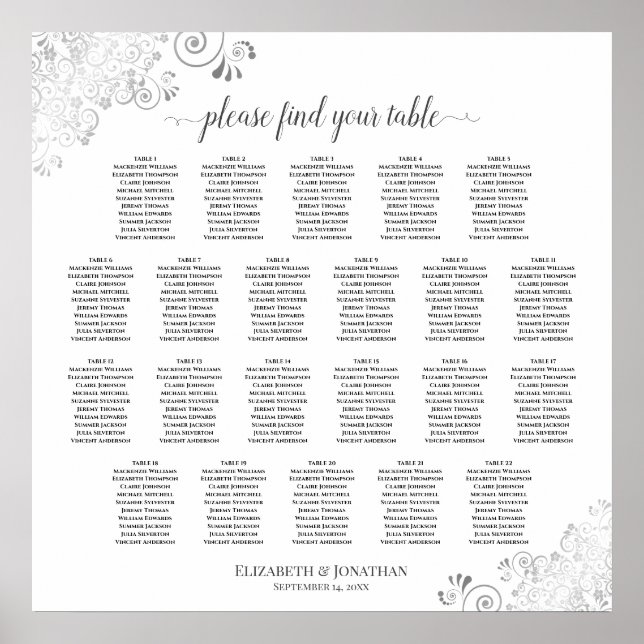 Affiche Plan de table de mariage élégant argent blanc 22 t (Devant)