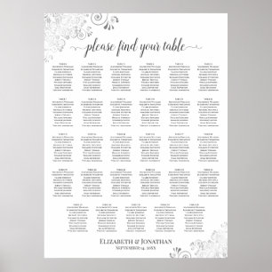 Affiche Plan de table de mariage élégant argent et blanc 2