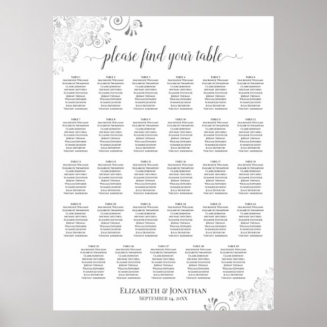 Affiche Plan de table de mariage élégant argent et blanc 2 (Devant)