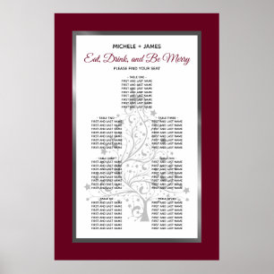 Affiche Plan de table de mariage élégant argent et bordeau