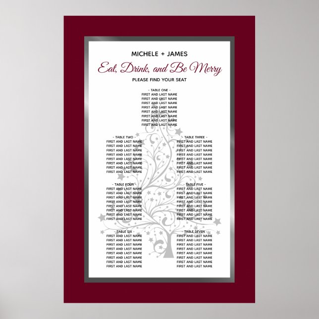 Affiche Plan de table de mariage élégant argent et bordeau (Devant)