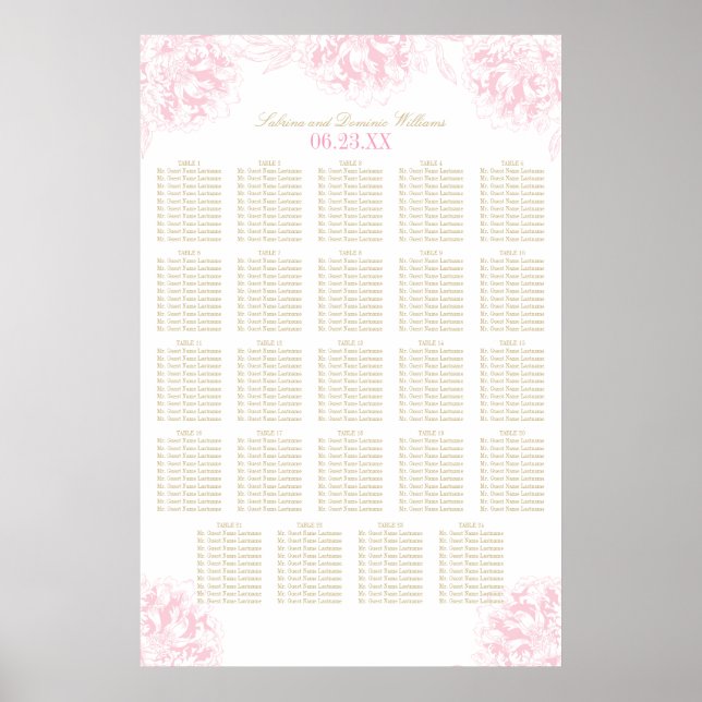 Affiche Plan de table de mariage élégant aux pivoines rose (Devant)