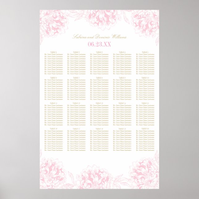 Affiche Plan de table de mariage élégant aux pivoines rose (Devant)