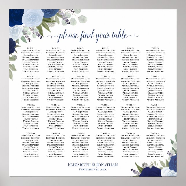 Affiche Plan de table de mariage élégant avec 24 tables et (Devant)