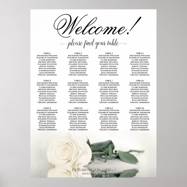 Affiche Plan de table de mariage élégant avec rose blanche (Devant)