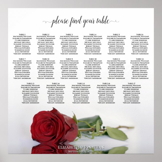 Affiche Plan de table de mariage élégant avec rose rouge 1 (Devant)