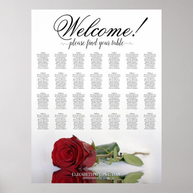 Affiche Plan de table de mariage élégant avec rose rouge 2 (Devant)