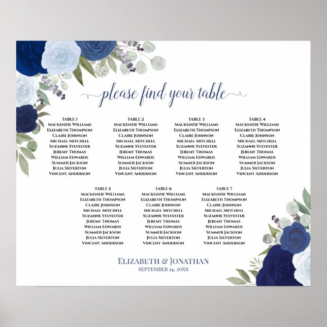 Affiche Plan de table de mariage élégant avec roses bleues (Devant)