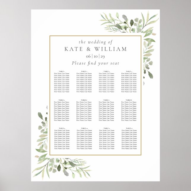 Affiche Plan de table de mariage élégant avec verdure (Devant)