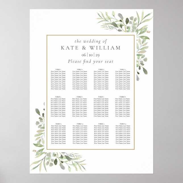 Affiche Plan de table de mariage élégant avec verdure (Devant)