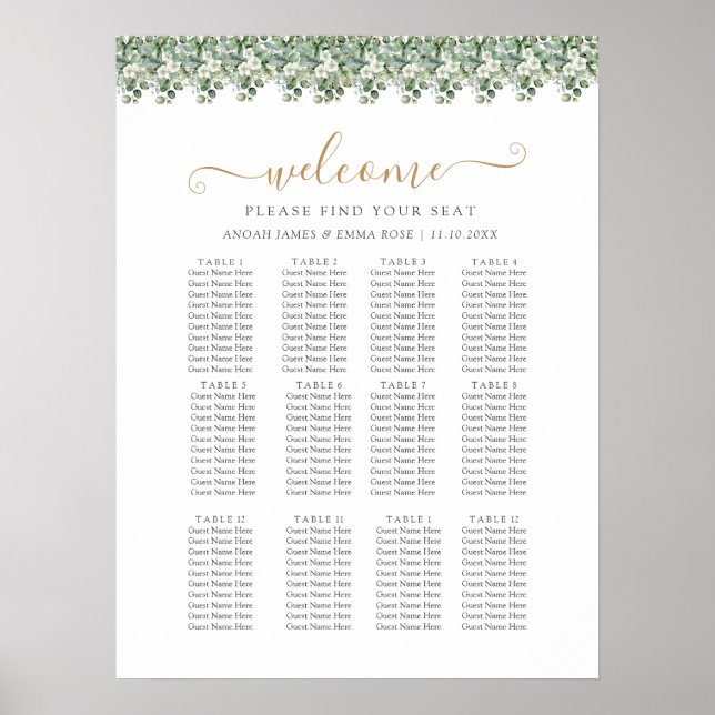 Affiche Plan de table de mariage élégant avec verdure d'eu (Devant)
