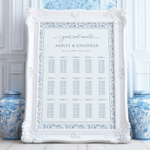 Affiche Plan de table de mariage élégant bleu chinoiserie