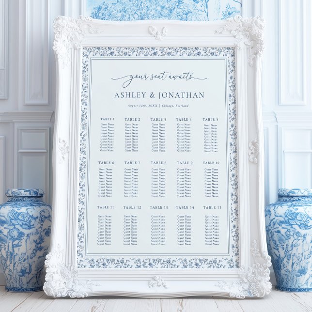Affiche Plan de table de mariage élégant bleu chinoiserie (Créateur téléchargé)