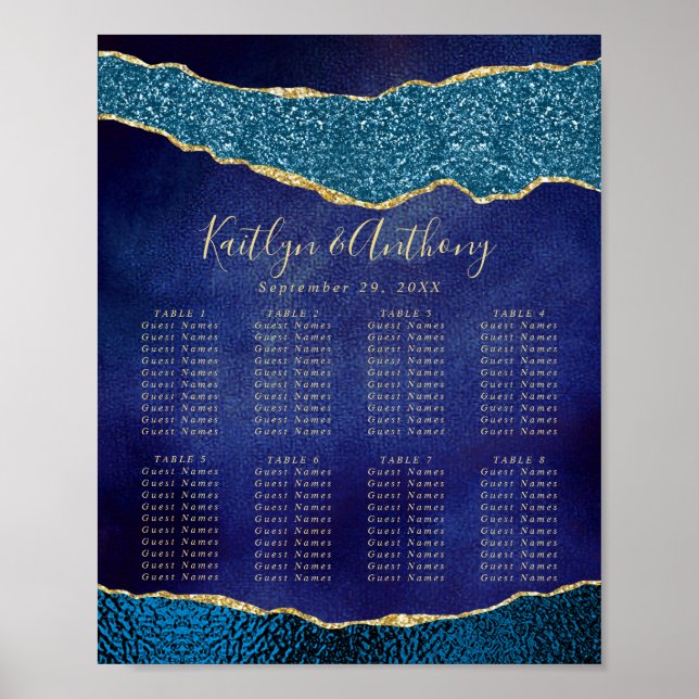 Affiche Plan de table de mariage élégant bleu marine et ag (Devant)