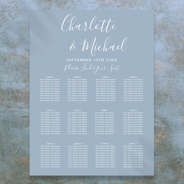 Affiche Plan de table de mariage élégant bleu poussiéreux  (Dusty Blue Elegant Signature Wedding Seating Chart)