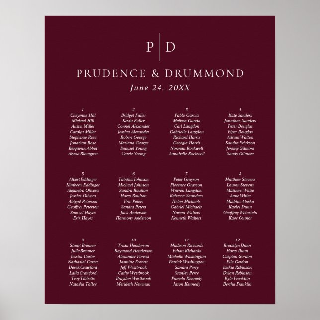 Affiche Plan de table de mariage élégant bordeaux foncé (Devant)