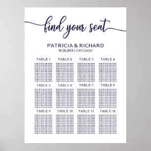 Affiche Plan de table de mariage élégant chic bleu marine