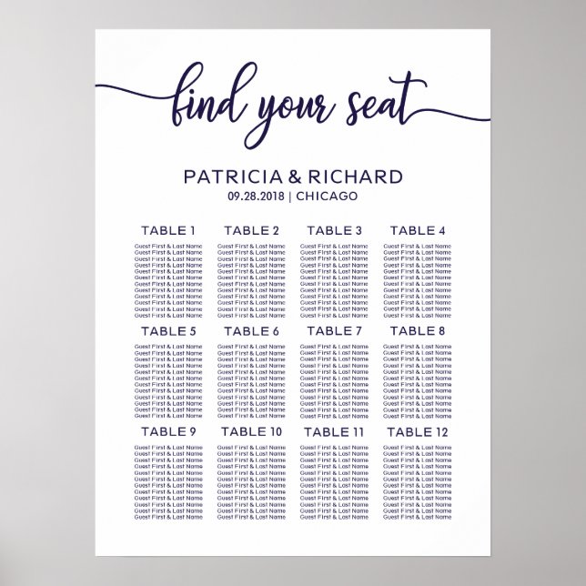 Affiche Plan de table de mariage élégant chic bleu marine (Devant)