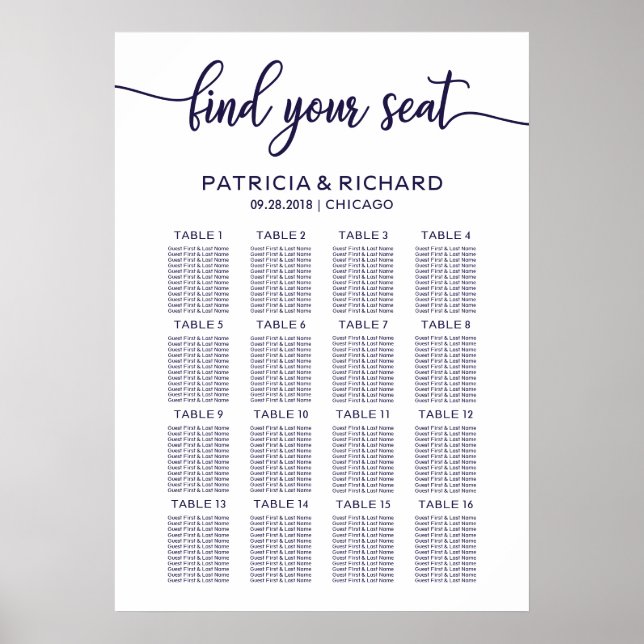 Affiche Plan de table de mariage Élégant Chic Bleu Nuit (Devant)