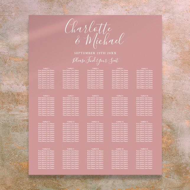 Affiche Plan de table de mariage élégant écriture Dusty Ro (Dusty Rose Elegant Script Wedding Seating Chart)