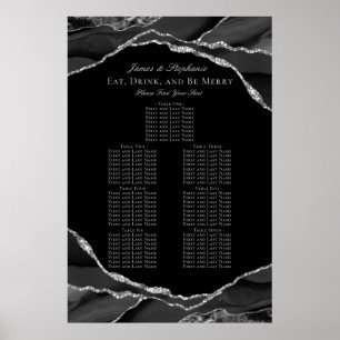 Affiche Plan de table de mariage élégant en agate noir arg
