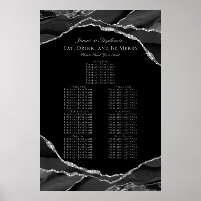 Affiche Plan de table de mariage élégant en agate noir arg (Devant)