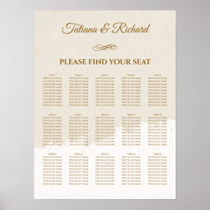 Affiche Plan de table de mariage élégant en écriture dorée