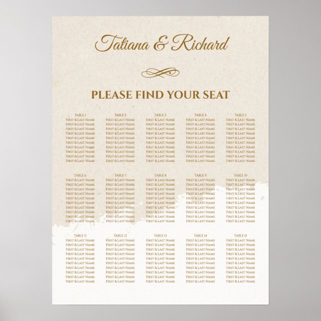 Affiche Plan de table de mariage élégant en écriture dorée (Devant)