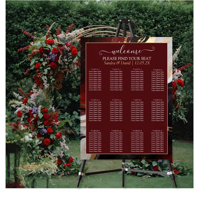 Affiche Plan de table de mariage élégant en marbre burgund (Créateur téléchargé)