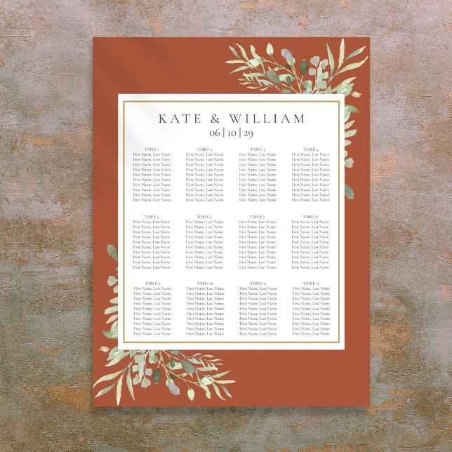 Affiche Plan de table de mariage élégant en terre cuite av (Elegant Terracotta Greenery Wedding Seating Chart)
