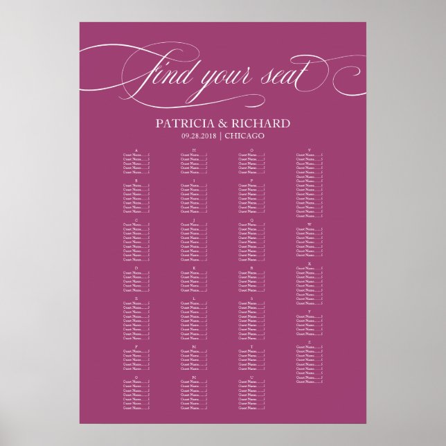 Affiche Plan de table de mariage élégant et alphabétique C (Devant)