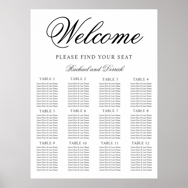 Affiche Plan de table de mariage élégant et simple pour 12 (Devant)