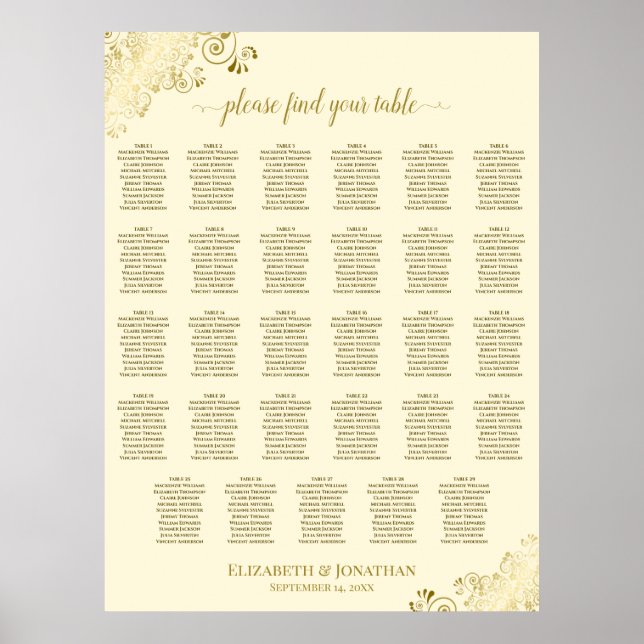 Affiche Plan de table de mariage élégant Gold & Cream Fanc (Devant)
