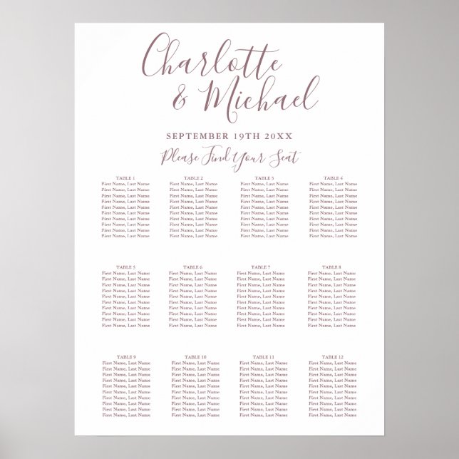 Affiche Plan de table de mariage élégant Mauve Signature (Devant)