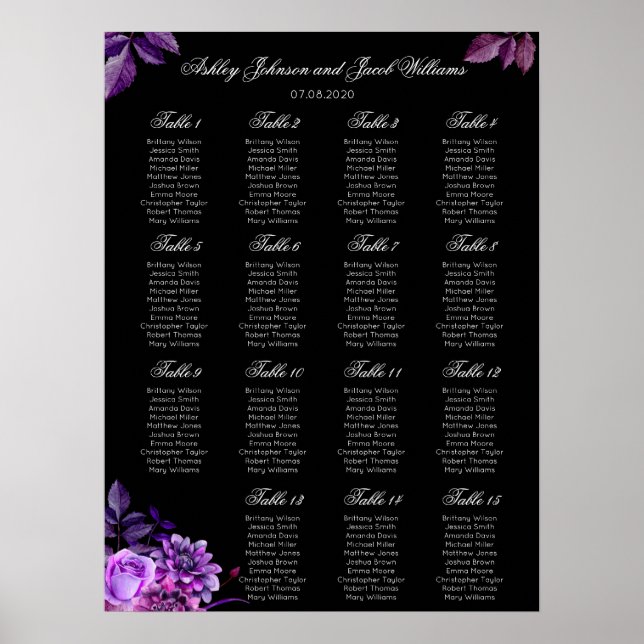 Affiche Plan de table de mariage élégant noir et violet (Devant)