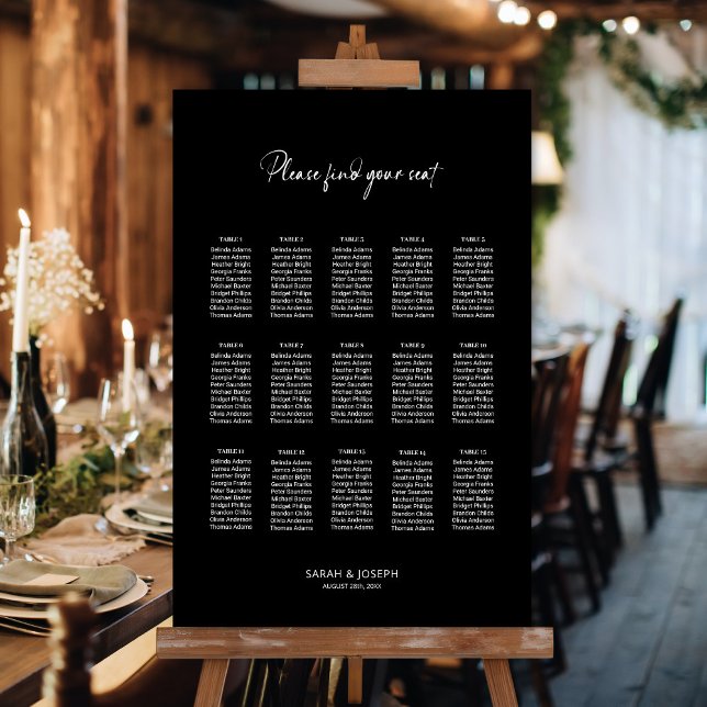 Affiche Plan de table de mariage élégant noir pour 15 tabl (Créateur téléchargé)