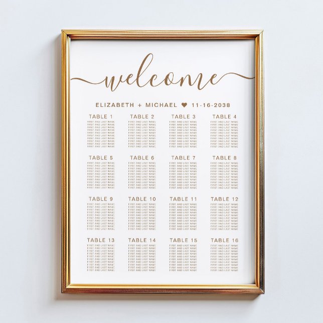 Affiche Plan de table de mariage élégant or script 16 (Créateur téléchargé)
