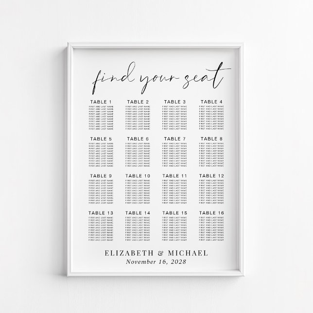 Affiche Plan de table de mariage élégant pour 16 tables (Créateur téléchargé)
