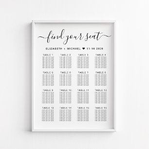 Affiche Plan de table de mariage élégant pour 16 tables