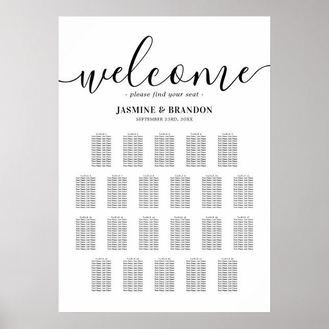Affiche Plan de table de mariage élégant pour 22 tables (Devant)