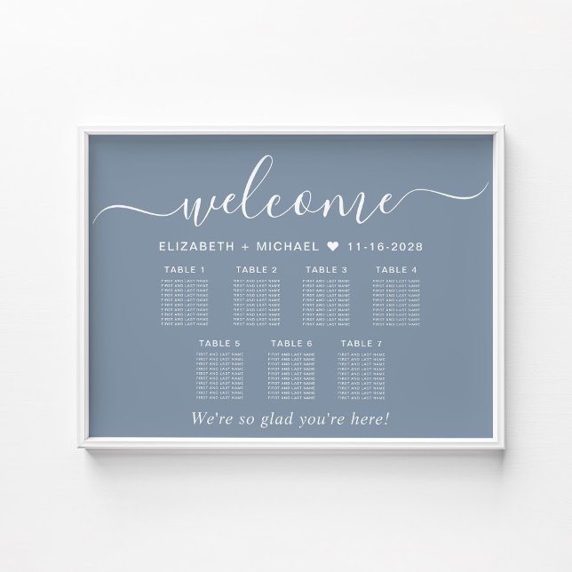Affiche Plan de table de mariage élégant poussiéreux bleu  (Créateur téléchargé)
