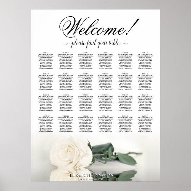 Affiche Plan de table de mariage élégant Rose Blanche 24 t (Devant)