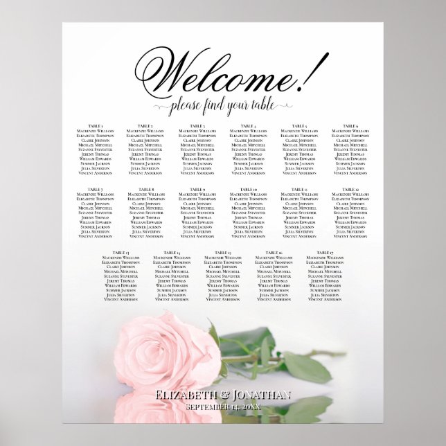 Affiche Plan de table de mariage élégant Rose rose 17 tabl (Devant)