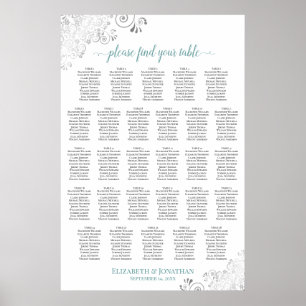 Affiche Plan de table de mariage élégant sarcelle et blanc