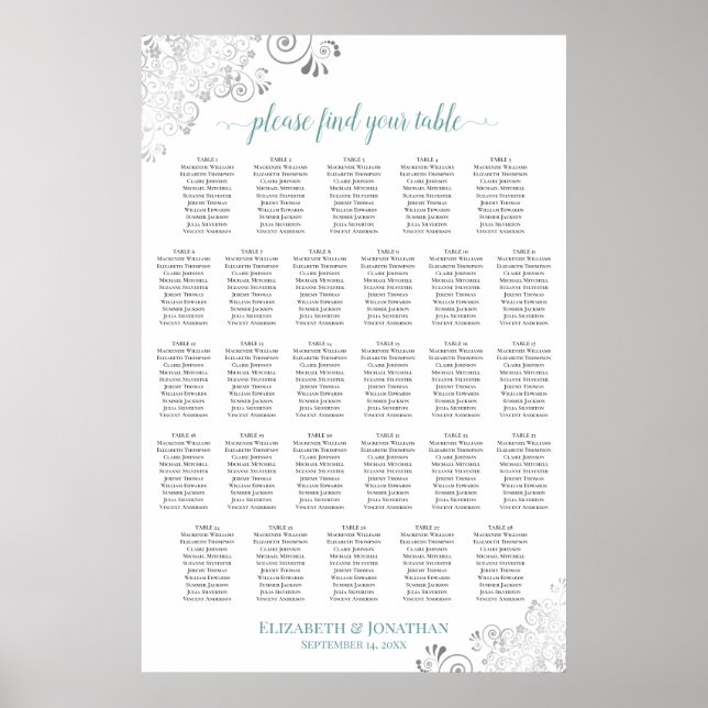 Affiche Plan de table de mariage élégant sarcelle et blanc (Devant)