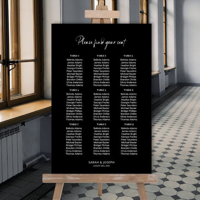 Affiche Plan de table de mariage élégant simple noir à 9 t (Créateur téléchargé)