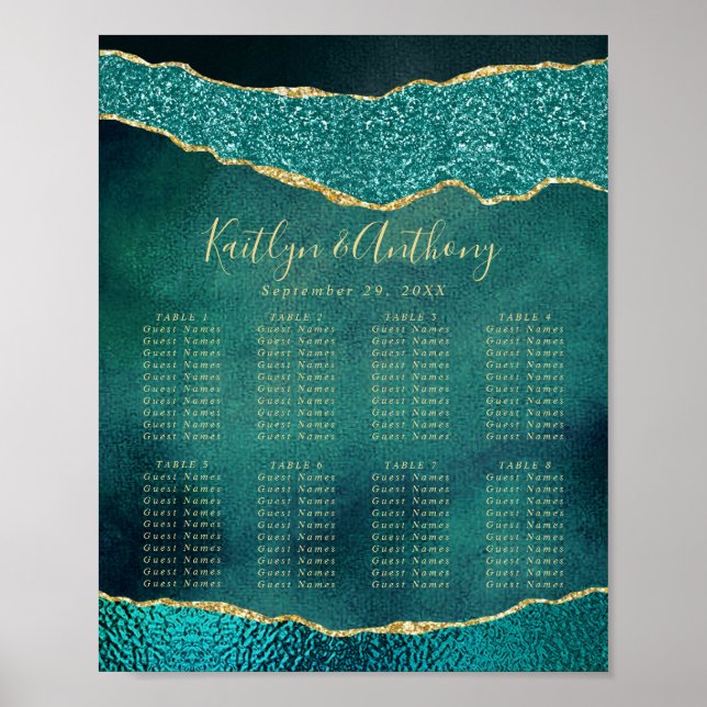 Affiche Plan de table de mariage élégant Turquoise & Agate (Devant)