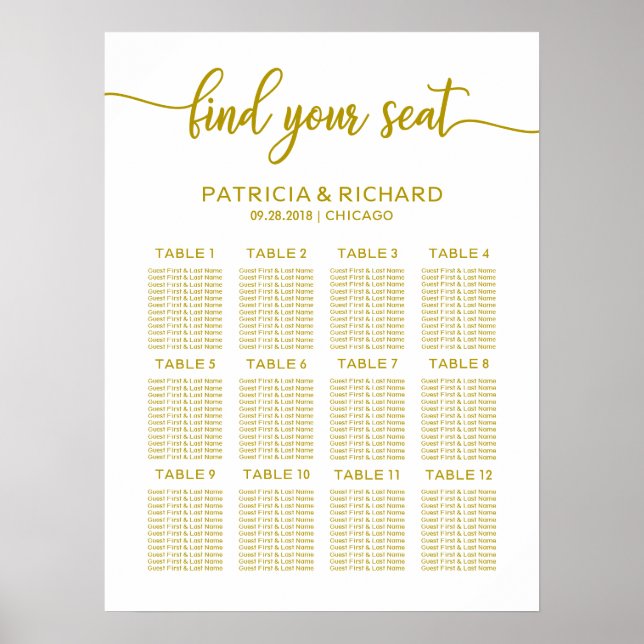 Affiche Plan de table de mariage élégante calligraphie dor (Devant)