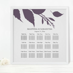Affiche Plan de table de mariage Élégantes feuilles violet