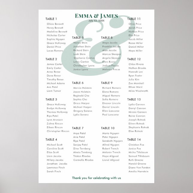 Affiche Plan de table de mariage Emerald Ampersand | 14 ta (Devant)